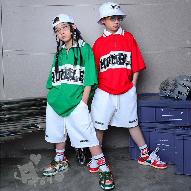 キッズ ダンス衣装 HIPHOP ヒップホップ 子供服 緑 赤 半袖Tシャツ白 ショートパンツ 2点 ...