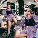 キッズダンス衣装 チアガール セットアップ hiphop ジャズ パープルシャツ 黒 ベスト女の子 モデル 子供服 K-POP 韓国 白 演出服 練習着 応援団...