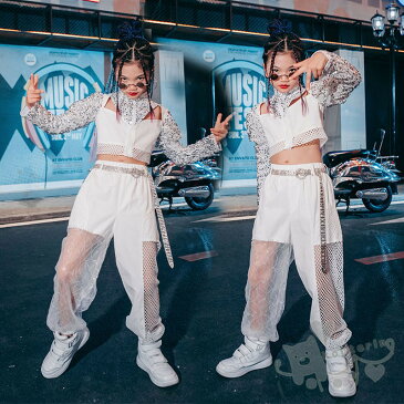 キッズダンス衣装 ヒップホップ 女の子 キラキラ 長袖トップス 白 ロングパンツ メッシュ 2点セット へそ出し ガールズ HIPHOP K-POP ステージ衣装 練習着 演出服 舞台衣装 120-160cm 送料無料