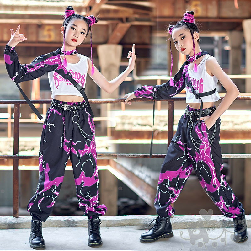 ダンス衣装 ヒップホップ 女の子 黒パープル インナー ワンショルダー タイダイ柄パンツ へそ出し キッズ ガールズ 女の子 セットアップ 派手 K-POP 韓国 ステージ衣装 応援団 練習着 体操服 発表会 hiphop 演出服 おしゃれ 120-170cm 送料無料