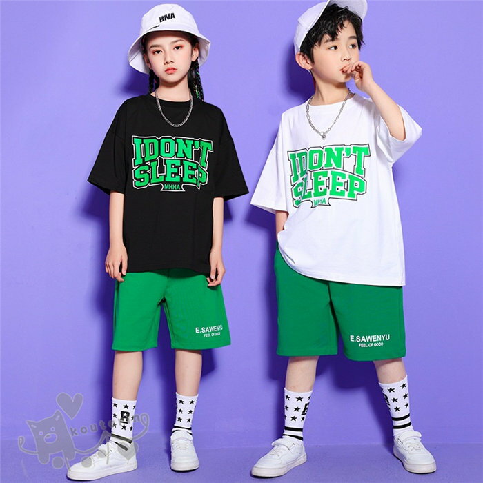 ダンス衣装 ヒップホップ セットアップ黒 白 緑 半袖Tシャツ パンツショートパンツ キッズ ガールズ 男の子 ヒップホップ 派手 K-POP 韓国 ステージ衣装 応援団 練習着 体操服 発表会 hiphop 演出服 おしゃれ 110-180cm 送料無料