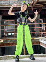 キッズ ダンス衣装 セットアップ 半袖 黒チェック柄切り替えTシャツ 緑 ロングパンツ へそ出し 女の子 舞台服 演出服 K-POP ステージ衣装 練習着 体操服 120-170cm 送料無料 2