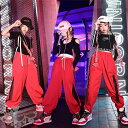キッズ ダンス衣装 セットアップ 黒 タンクトップ Tシャツ レッド ロングパンツ 3type へそ出し 女の子 舞台服 演出服 K-POP ステージ衣装 練習...