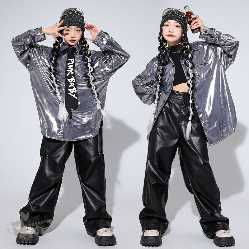 スパンコール シルバー ネクタイブラック カーゴパンツ 子供服 セットアップ キッズ ダンス衣装 ジャズ ヒップホップ 女の子 長袖 トップス 長パンツ かっこいい 上下セット チアリーダー 応援団 演出服 団体服 練習着 ダンスウェア 発表会 舞台服 110-180cm 送料無料 3