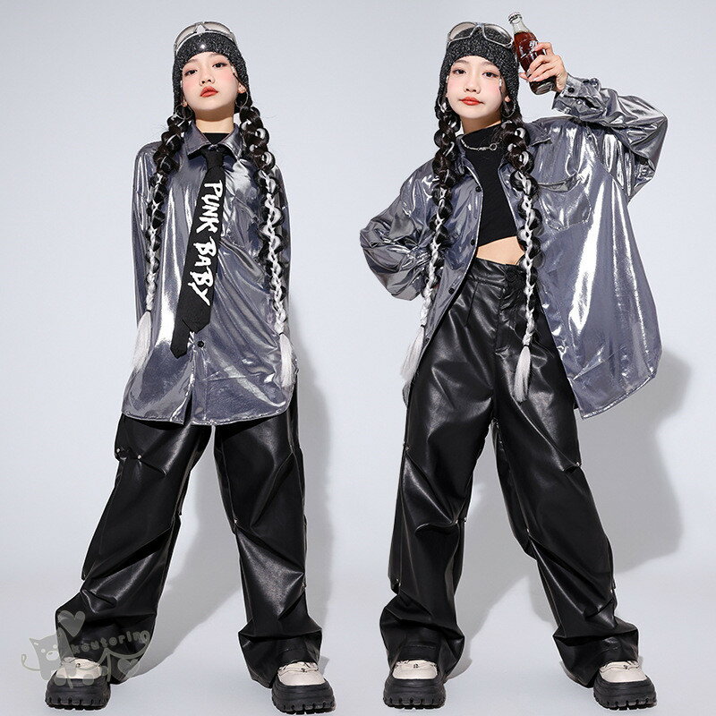 スパンコール シルバー ネクタイブラック カーゴパンツ 子供服 セットアップ キッズ ダンス衣装 ジャズ ヒップホップ 女の子 長袖 トップス 長パンツ かっこいい 上下セット チアリーダー 応援団 演出服 団体服 練習着 ダンスウェア 発表会 舞台服 110-180cm 送料無料 2