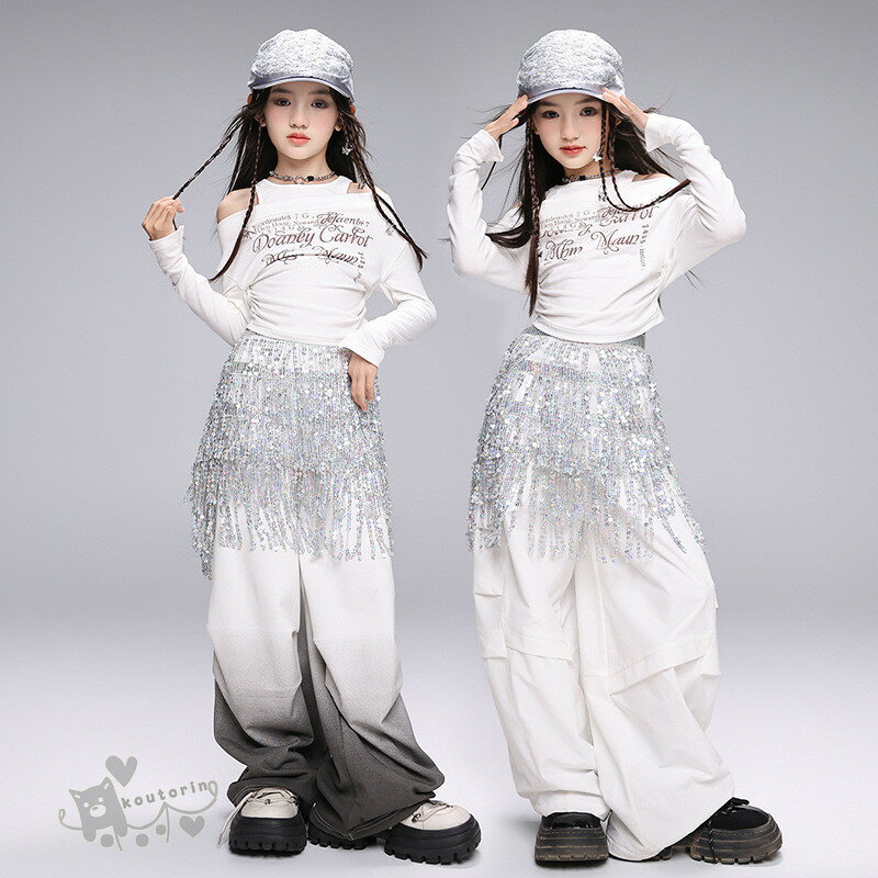 ダンス衣装 ヒップホップ セットアットップス 銀フリンジスカート パンツカジャン HIPHOP衣装 キッズダ..
