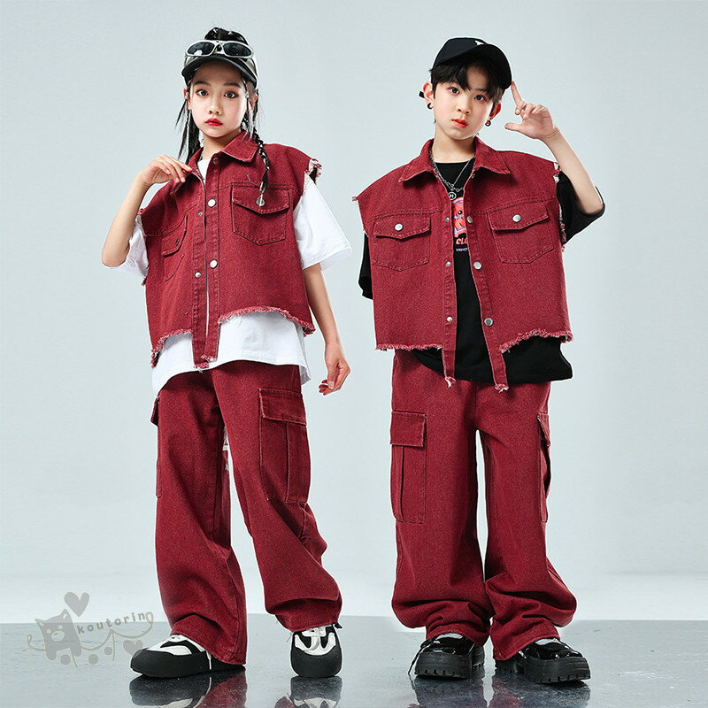 ダンス衣装 ヒップホップ 白黒Tシャツ　レッド 赤 デニムベスト カーゴパンツ へそ出し キッズ ガール..