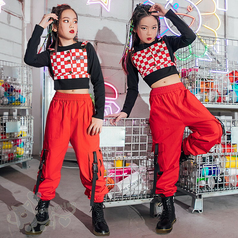 樂天商城 - キッズ ダンス衣装 セットアップ 黒トップス チェック柄 ベスト レッド ロングパンツ 女の子 舞台服 演出服 K-POP ステージ衣装 練習着 体操服 応援団120-170cm 送料無料