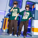 キッズダンス衣装 ヒップホップ 文字柄 緑 半袖 Tシャツ ロングパンツ 単品orセット ガールズ 男の子 ヒップホップ 派手 K-POP 韓国 ステージ衣装 ...