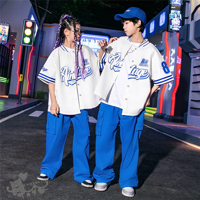 キッズダンス衣装 ヒップホップ トップス 半袖 Tシャツ ブルーパンツ 単品orセット ガールズ 男の子 ヒ..
