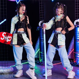 キッズ ダンス衣装 セットアップ ワンショルダー 黒ベスト ブルーパンツ 女の子 へそ出し 舞台服 演出服 K-POP ステージ衣装 練習着 体操服 応援団120-170cm 送料無料