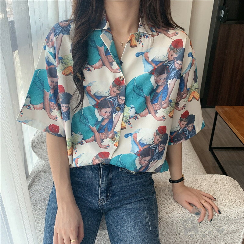Rakuten - シャツ レトロ キッズ プレイ オープンカラー 半袖 シャツ ビンテージ風 ビッグシルエット 長袖シャツ ダンス 衣装 ヒップホップ コスチューム 韓国ファッション 大きいサイズ 個性的 服 原宿系 送料無料