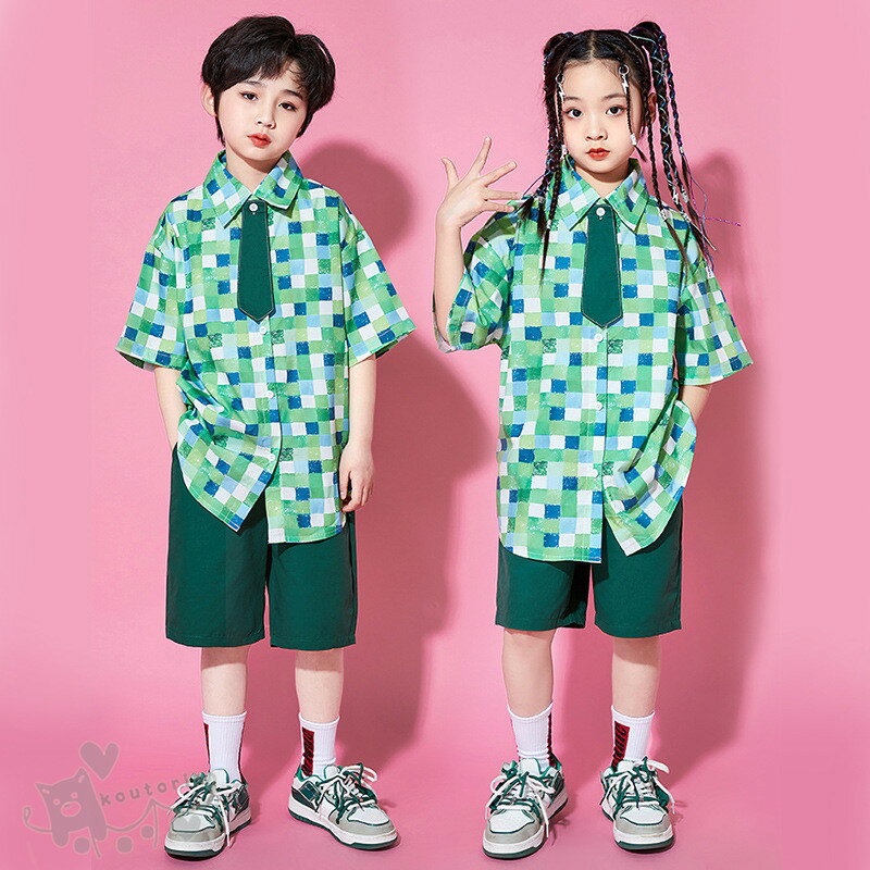 樂天商城 - ダンス衣装 ヒップホップ 緑シャツ ショートパンツ キッズダンス衣装 ガールズ 男の子 ヒップホップ 派手 K-POP 韓国 ステージ衣装 応援団 練習着 体操服 発表会 hiphop 演出服 おしゃれ 110-180cm 送料無料