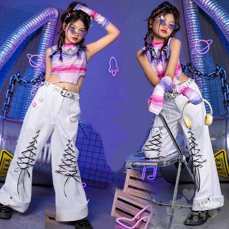 樂天商城 - キッズ ダンス衣装 女の子 ヒップホップ チアガールズ ダンス ノースリーブ トップス 袖カバー ロングパンツ 編み帯 へそ出し ジャズダンス ステージ衣装 練習着 体操服 120-160cm 送料無料