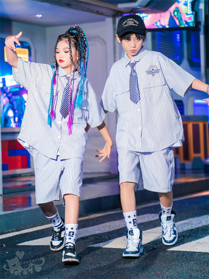koutorinのダンス衣装 ヒップホップ ストライプシャツ ロングパンツ キッズダンス衣装 ガールズ 男の子 ヒップホップ 派手 K-POP 韓国 ステージ衣装 応援団 練習着 体操服 発表会 hiphop 演出服 おしゃれ 120-180cm 送料無料｜アングル2
