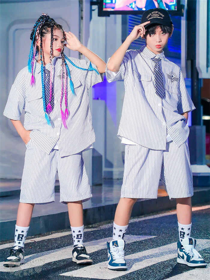 koutorinのダンス衣装 ヒップホップ ストライプシャツ ロングパンツ キッズダンス衣装 ガールズ 男の子 ヒップホップ 派手 K-POP 韓国 ステージ衣装 応援団 練習着 体操服 発表会 hiphop 演出服 おしゃれ 120-180cm 送料無料｜アングル3