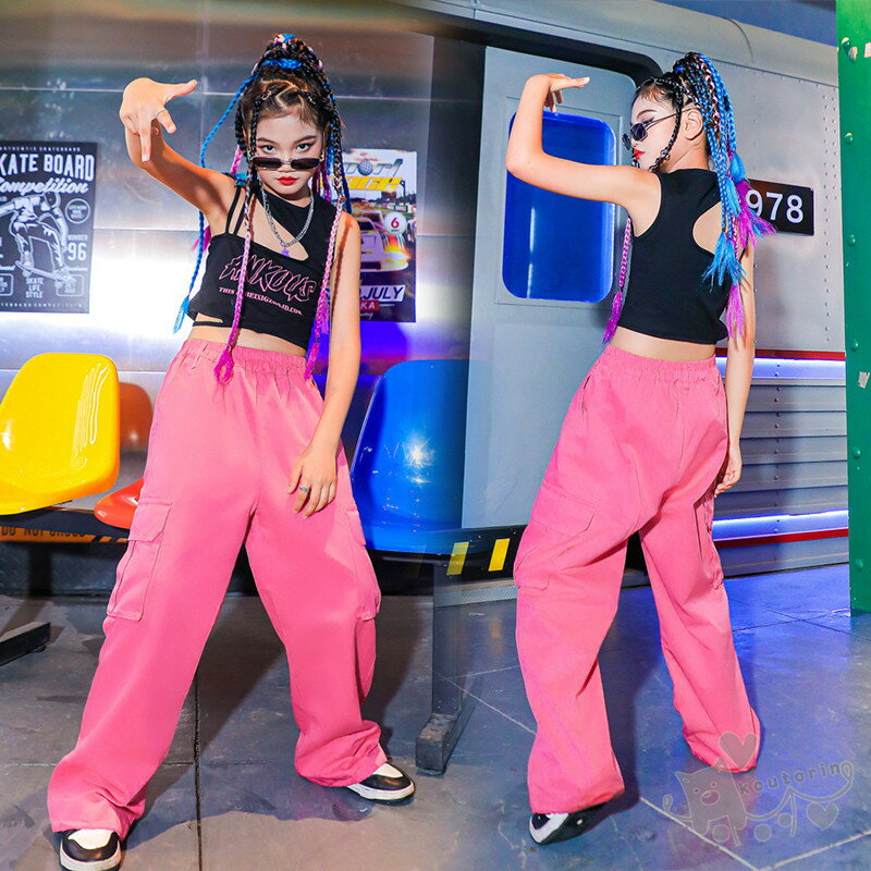 Rakuten - ダンス衣装 ヒップホップ 黒トップスロングパンツ キッズダンス衣装 ガールズ ヒップホップ 派手 K-POP 韓国 ステージ衣装 応援団 練習着 体操服 発表会 hiphop 演出服 おしゃれ 120-180cm 送料無料