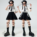 キッズダンス衣装 k-pop衣装 HIPHOP ヒップホップ 子供服 女の子 白シャツ ネクタイ ブラック スカート フォーマルスーツ ガールズ K-POP ス...