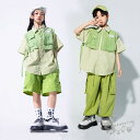 キッズダンス衣装 ヒップホップ ストライプ重ね着 緑 シャツショート ロングパンツ ガールズ 男の子 ヒップホップ 派手 K-POP 韓国 ステージ衣装 応援団 練習着 体操服 発表会 hiphop 演出服 おしゃれ 120-180cm 送料無料