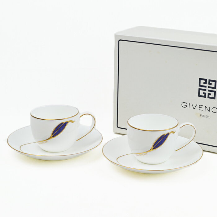 Givenchy ジバンシィ コーヒー カップ＆ソーサー ペア セット 2客 ホワイト ブルー 白 青 ボーンチャイナ 食器 洋食器 【中古】c-2404