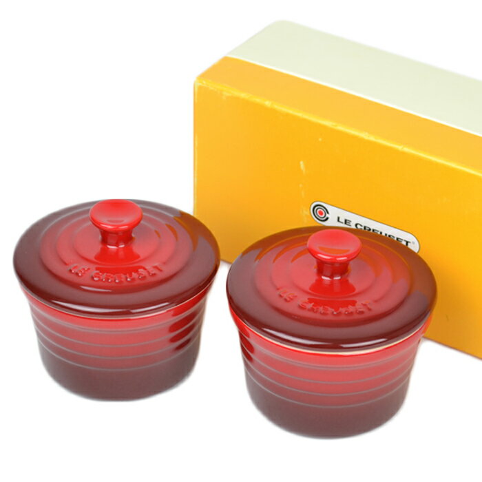 美品 ル・クルーゼ Le Creuset ラムカン フタ付き ペアセット 2個入 910026-00 チェリーレッド【中古】a-2502