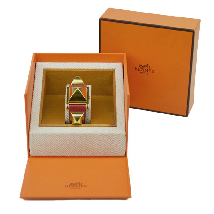 HERMES エルメス Hウォッチ Y刻 ゴールドプレート ホワイト文字盤 1995年頃 レディース 腕時計 レッド レザー※動作未確認※【中古】 a-2602