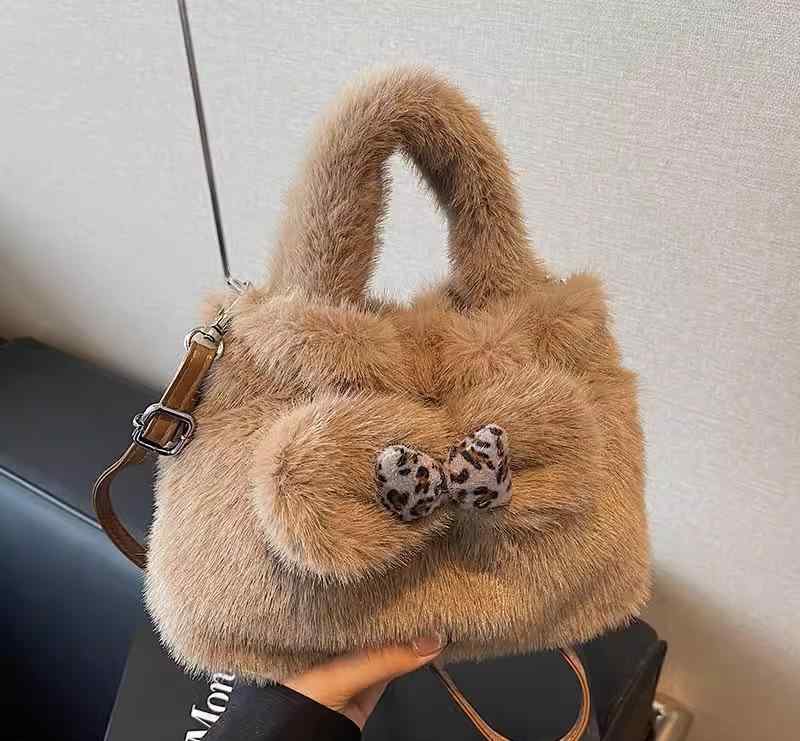 ファーバッグ 可愛い もこもこ ショルダーバッグ 韓国系 リボン バイカラー ヒョウ柄 ハンドバッグ フ..