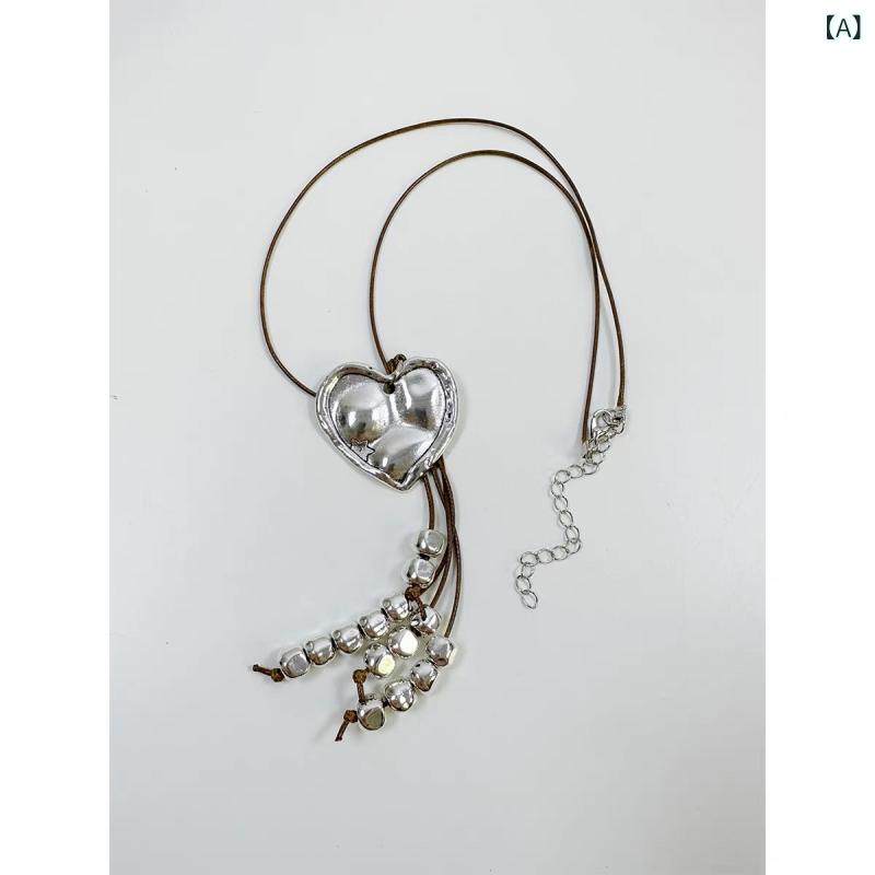 ネックレス ユニセックス Y2K サブカルチャー レトロ ヴィンテージ アンティーク風 ハート フリンジ タッセル ロングペンダント ボヘミアン エスニック 個性的 合金 電気メッキ加工 ファッション小物