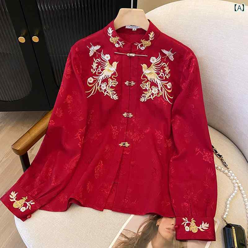 チャイナ風 レディース ファッション おしゃれ 上品 馬顔スカート トップス 長袖 結婚式 漢服 刺繍 シャツ アンティークレッド