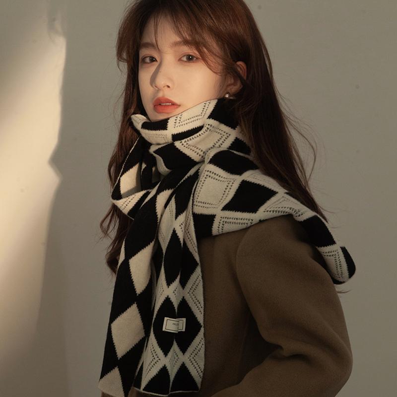 マフラー 韓国 ダイヤ柄 スカーフ カップル 女性用 冬 厚手 スタイリッシュ レトロ ニット ウール ショ..