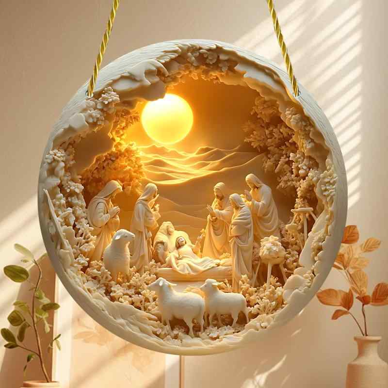 オーナメント イエス誕生 キリスト生誕 アクリル製 円盤型 プレート 家庭用 リビング 玄関 窓際 キッチン 装飾 吊り下げ ロープ付き 飾り(x2)