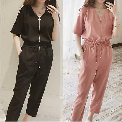 オールインワン レディース サロペット パンツ 秋冬 おしゃれ ジャンプスーツ Vネック オープンショルダー 5分袖 半袖 ワイドパンツ ウエストリボン 9分丈...