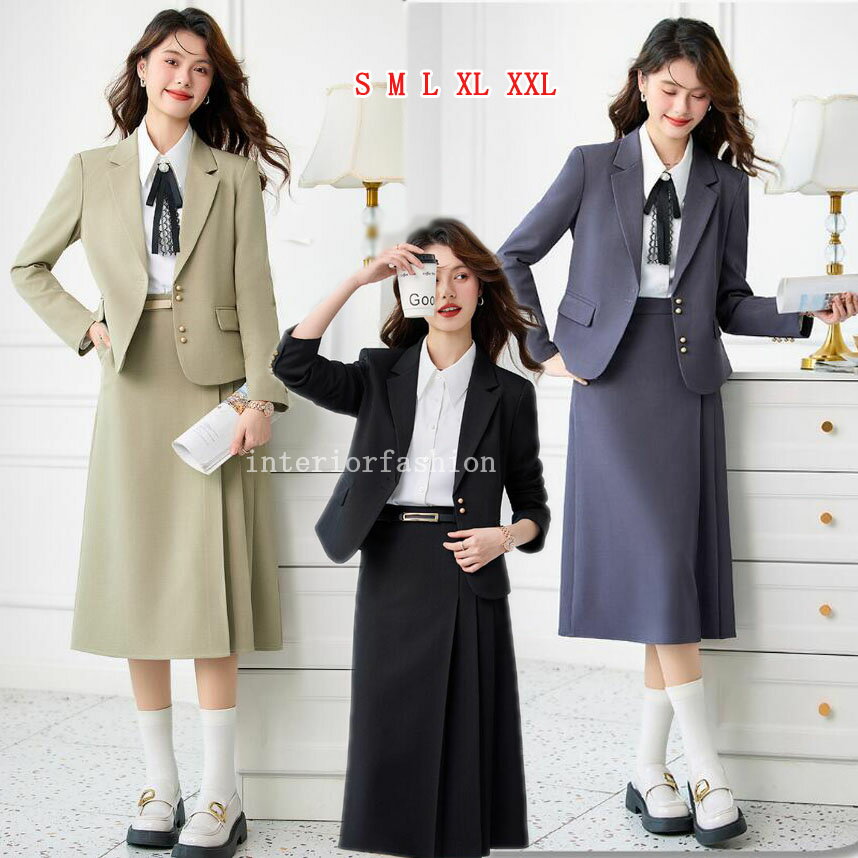 レディーススーツセットスカートスーツ ロング丈スカート リボン付きシャツ フォーマル長袖コート ビジネススーツ リクルートスーツオフィス 通勤OL 面識 七五三...