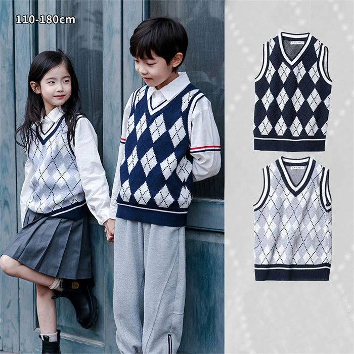 ニットベスト ベスト ニット スクールベスト 子供服 キッズ 女の子 男の子 春秋冬 ジュニア Vネック チェック柄 ノースリーブ 重ね着 レイヤード トップス...