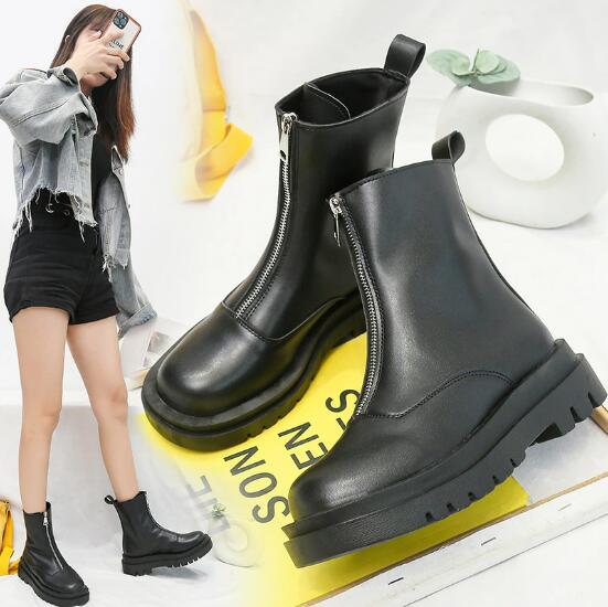 レディース ミドルブーツ フロントジップ 前ファスナー チェルシーブーツ ショートブーツ フロントジッパー ジップアップ ラウンドトゥ 厚底靴 脚長効果 幅広 ...