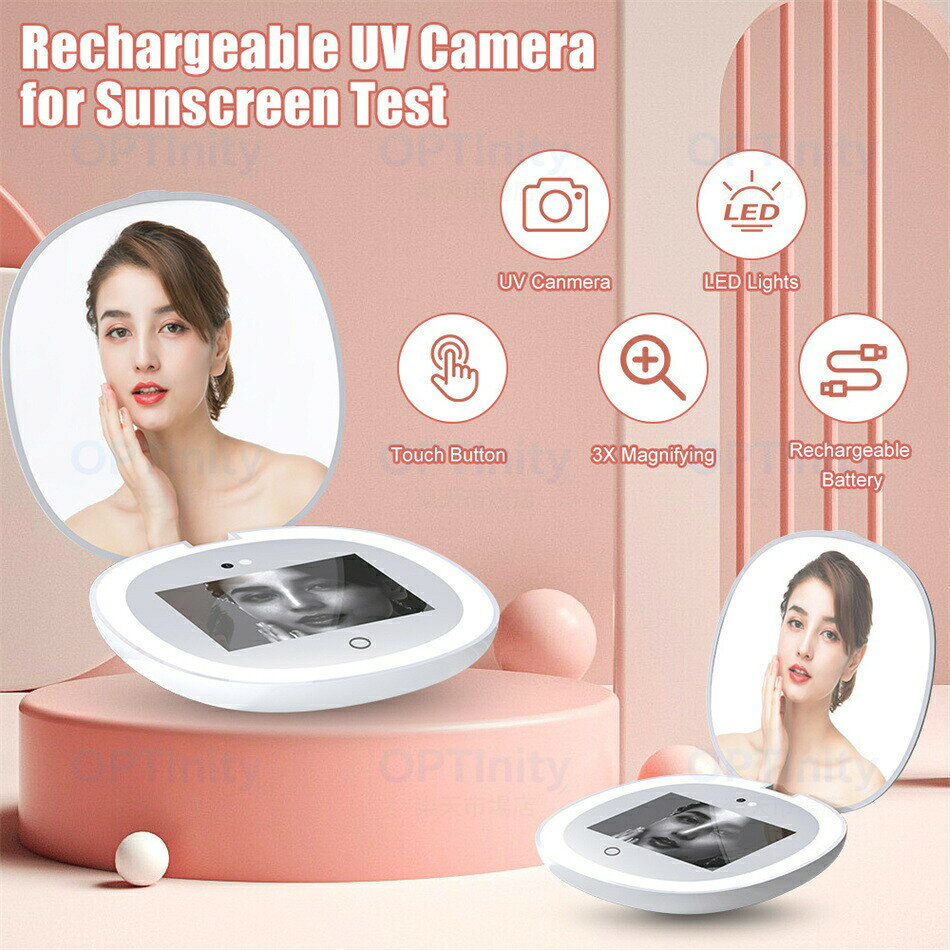 日焼け止め化粧鏡 UVミラー 9CM UV メイクミラー 日焼け止め 可視化 UVチェック ミラー 鏡 リップミラー 化粧ミラー ライト付き 3段階明るさ テストカメラ 拡大鏡 2倍 LEDライト メイクアップミラー 丸い ミラー 手鏡 卓上鏡 円形 丸型 円 メイク鏡 軽量 軽い コンパクト koushin33-10018203 恒信楽天市場店 サンプル画像3
