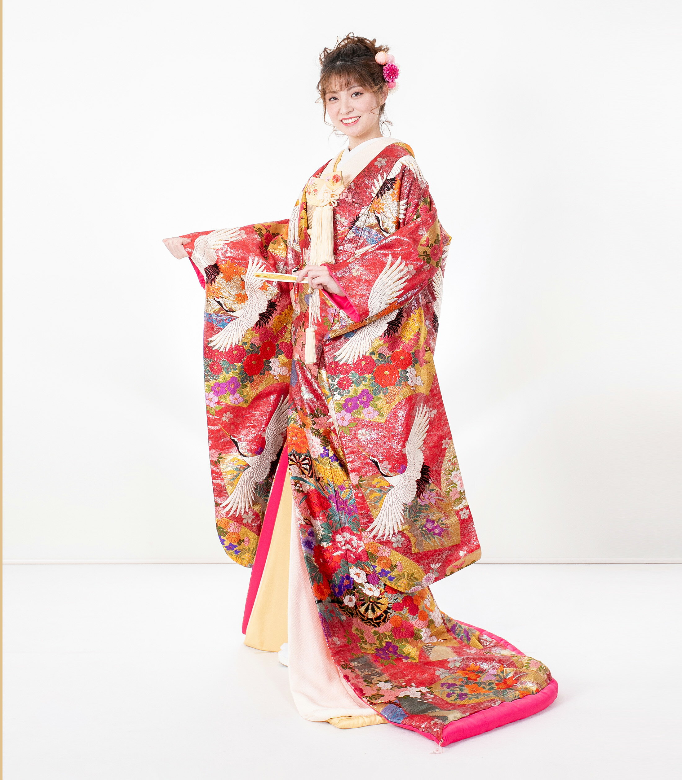 【レンタル】 色打掛 打掛 iro047 赤 レッド ピンク 金 ゴールド 【扇面花車】