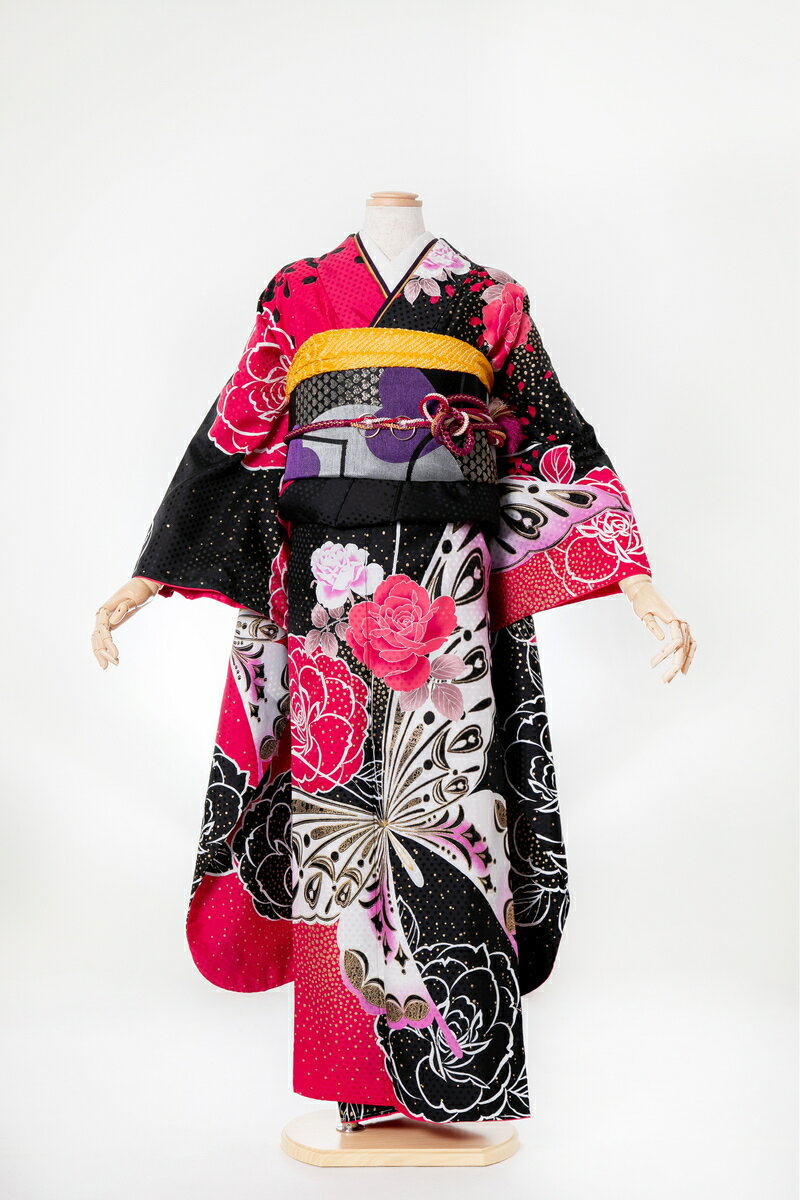 振袖 レンタル 成人式 sfuri005 アゲハ蝶に薔薇 黒 ブラック 赤 レッド ピンク 白 ホワイト 振り袖 ふりそで furisode 振袖セット フルセット 往復送料無料 結婚式 披露宴 卒業式 結納 和服 着物 kimono 貸衣装
