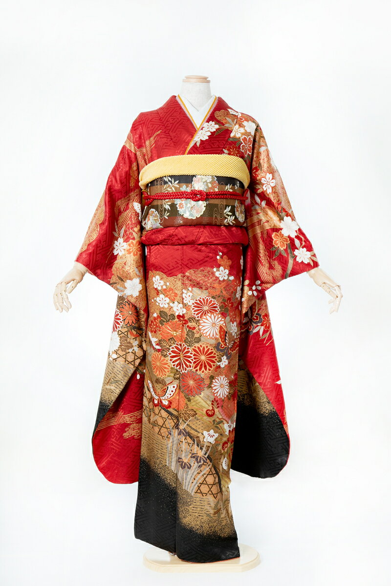 振袖 レンタル 成人式 sfuri016 赤地裾黒に蝶 赤 レッド 黒 ブラック 金色 ゴールド 振り袖 ふりそで furisode 振袖セット フルセット 往復送料無料 結婚式 披露宴 卒業式 結納 和服 着物 kimono 貸衣装