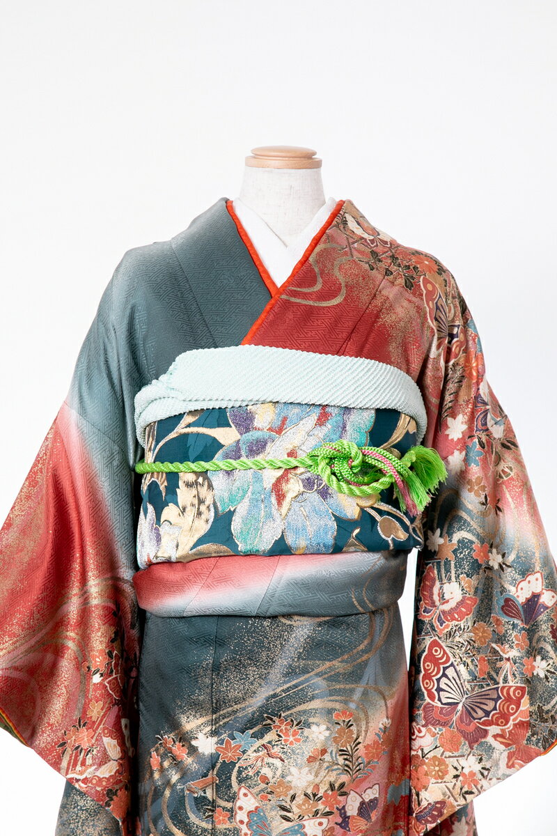 振袖 レンタル furi019 流水に蝶 赤 レッド 黒 ブラック グレー 灰色 振り袖 ふりそで furisode 振袖セット フルセット 往復送料無料 結婚式 披露宴 卒業式 結納 和服 着物 kimono 貸衣装 お呼ばれ パーティ 【2月〜11月レンタル】
