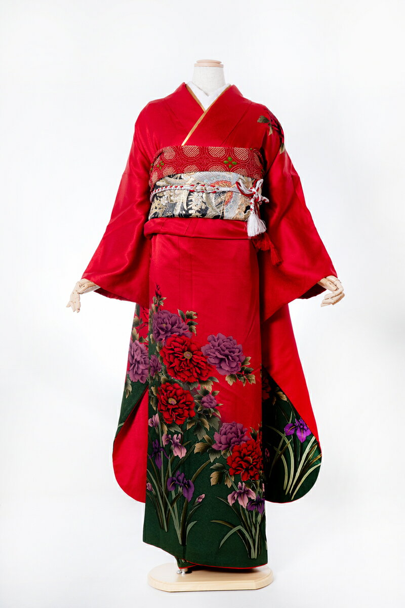 振袖 レンタル furi034 赤地薔薇に菖蒲 赤 レッド 黒 ブラック 振り袖 ふりそで furisode 振袖セット フルセット 往復送料無料 結婚式 披露宴 卒業式 結納 和服 着物 kimono 貸衣装 お呼ばれ パーティ 【2月〜11月レンタル】