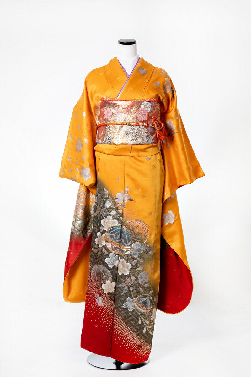 【レンタル】 振袖 furi036 山吹手毬に桜 オレンジ 橙 赤 レッド 灰色 グレー 振り袖 ふりそで furisode 振袖セット フルセット 往復送料無料 結婚式 披露宴 卒業式 結納 和服 着物 kimono 貸衣装 お呼ばれ パーティ 【2月〜11月レンタル】