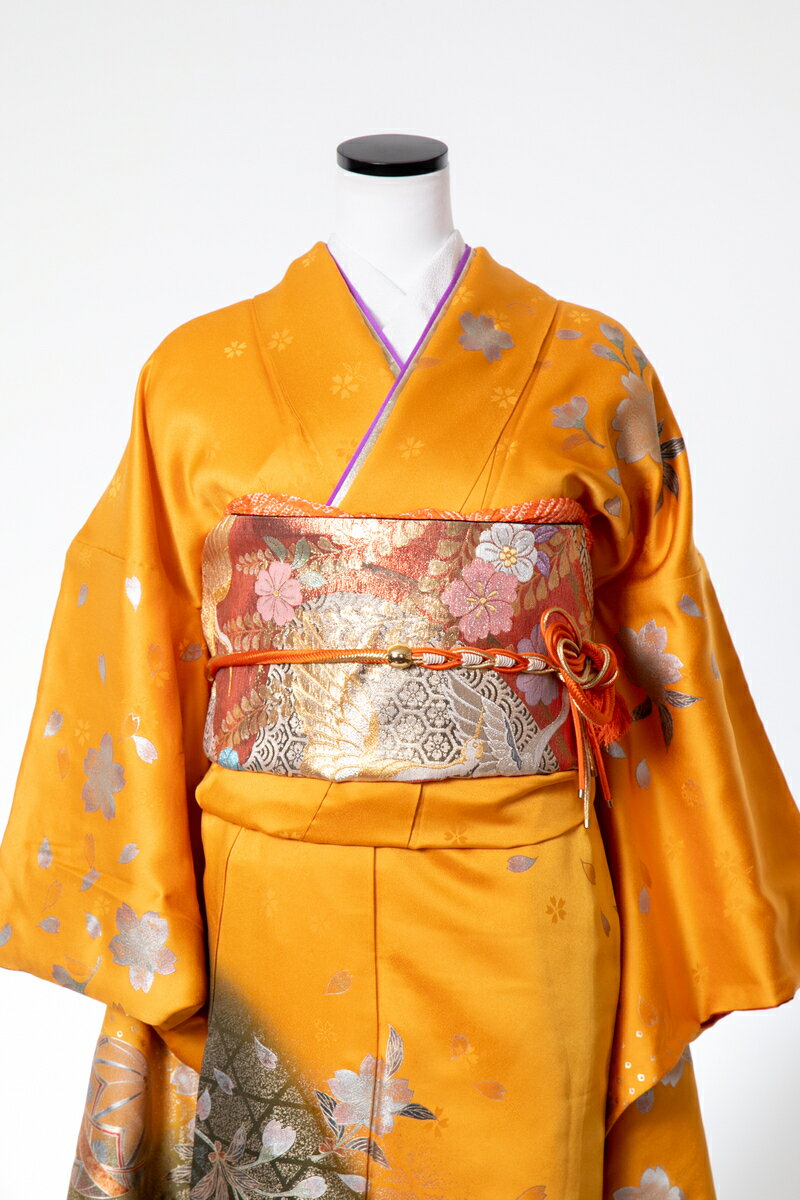 振袖 レンタル furi036 山吹手毬に桜 オレンジ 橙 赤 レッド 灰色 グレー 振り袖 ふりそで furisode 振袖セット フルセット 往復送料無料 結婚式 披露宴 卒業式 結納 和服 着物 kimono 貸衣装 お呼ばれ パーティ 【2月〜11月レンタル】