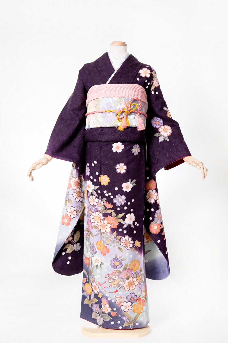 【レンタル】 振袖 furi046 紫ラメ地桔梗に手毬 紫 パープル 白 ホワイト 振り袖 ふりそで furisode 振袖セット フルセット 往復送料無料 結婚式 披露宴 卒業式 結納 和服 着物 kimono 貸衣装 お呼ばれ パーティ 【2月〜11月レンタル】