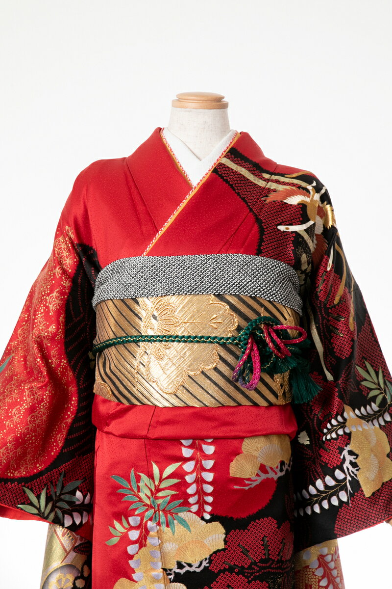 振袖 レンタル furi045 赤地金箔松に藤 赤 レッド 金色 ゴールド レトロ 振り袖 ふりそで furisode 振袖セット フルセット 往復送料無料 結婚式 披露宴 卒業式 結納 和服 着物 kimono 貸衣装 お呼ばれ パーティ 【2月〜11月レンタル】
