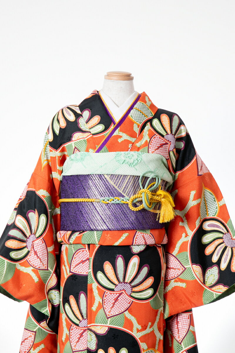 振袖 レンタル 成人式 sfuri052 オレンジ大花モダンオレンジ 緑 振り袖 ふりそで furisode 振袖セット フルセット 往復送料無料 結婚式 披露宴 卒業式 結納 和服 着物 kimono 貸衣装