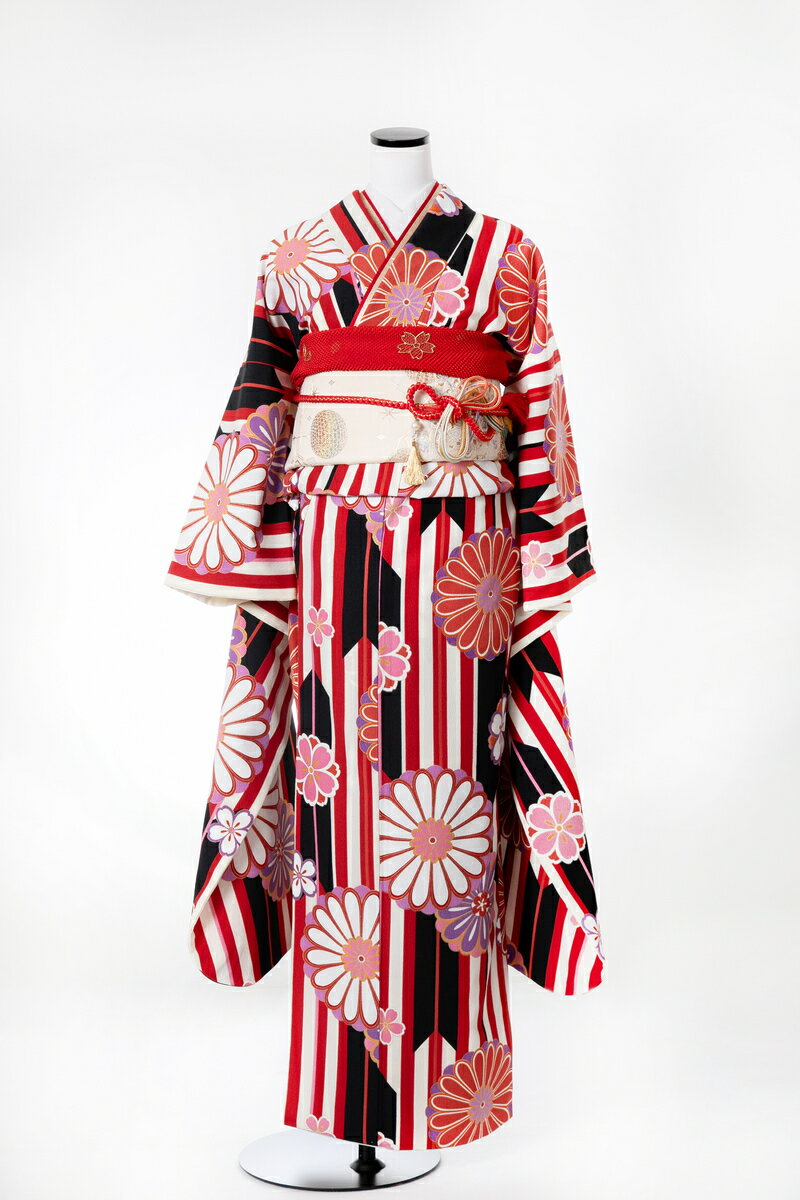 振袖 レンタル 成人式 sfuri059 赤縦縞菊花 赤 レッド 白 ホワイト 振り袖 ふりそで furisode 振袖セット フルセット 往復送料無料 結婚式 披露宴 卒業式 結納 和服 着物 kimono 貸衣装