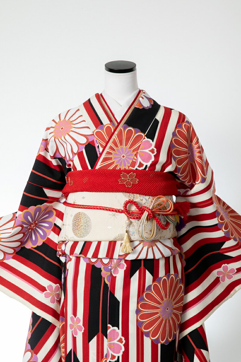 振袖 レンタル 成人式 sfuri059 赤縦縞菊花 赤 レッド 白 ホワイト 振り袖 ふりそで furisode 振袖セット フルセット 往復送料無料 結婚式 披露宴 卒業式 結納 和服 着物 kimono 貸衣装
