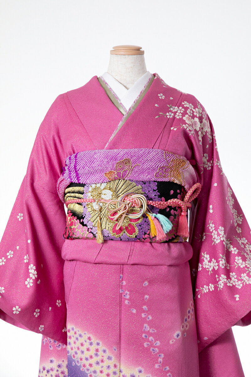 振袖 レンタル furi003 ピンク地に山桜 ピンク 紫 パープル 白 ホワイト 振り袖 ふりそで furisode 振袖セット フルセット 往復送料無料 結婚式 披露宴 卒業式 結納 和服 着物 kimono 貸衣装 お呼ばれ パーティ 【2月〜11月レンタル】