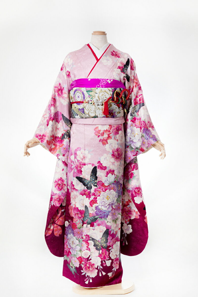 樂天商城 - 振袖 レンタル furi066 ピンク地黒蝶に桜 ピンク 赤 レッド 振り袖 ふりそで furisode 振袖セット フルセット 往復送料無料 結婚式 披露宴 卒業式 結納 和服 着物 kimono 貸衣装 お呼ばれ パーティ 【2月〜11月レンタル】